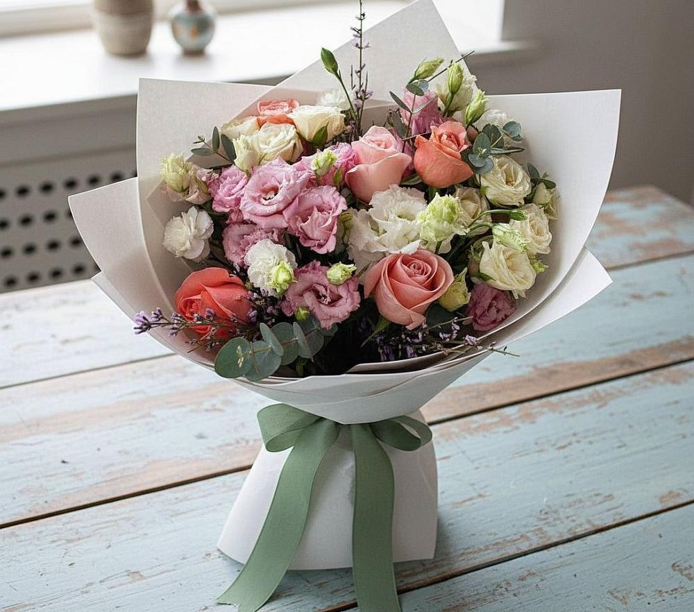 Букет цветов из: Розы, Лизиантусы и Гвоздики в Суражи