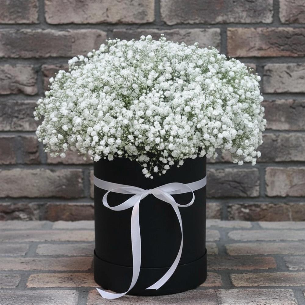 Цветочная композиция из Гипсофила в шляпной коробке в Суражи