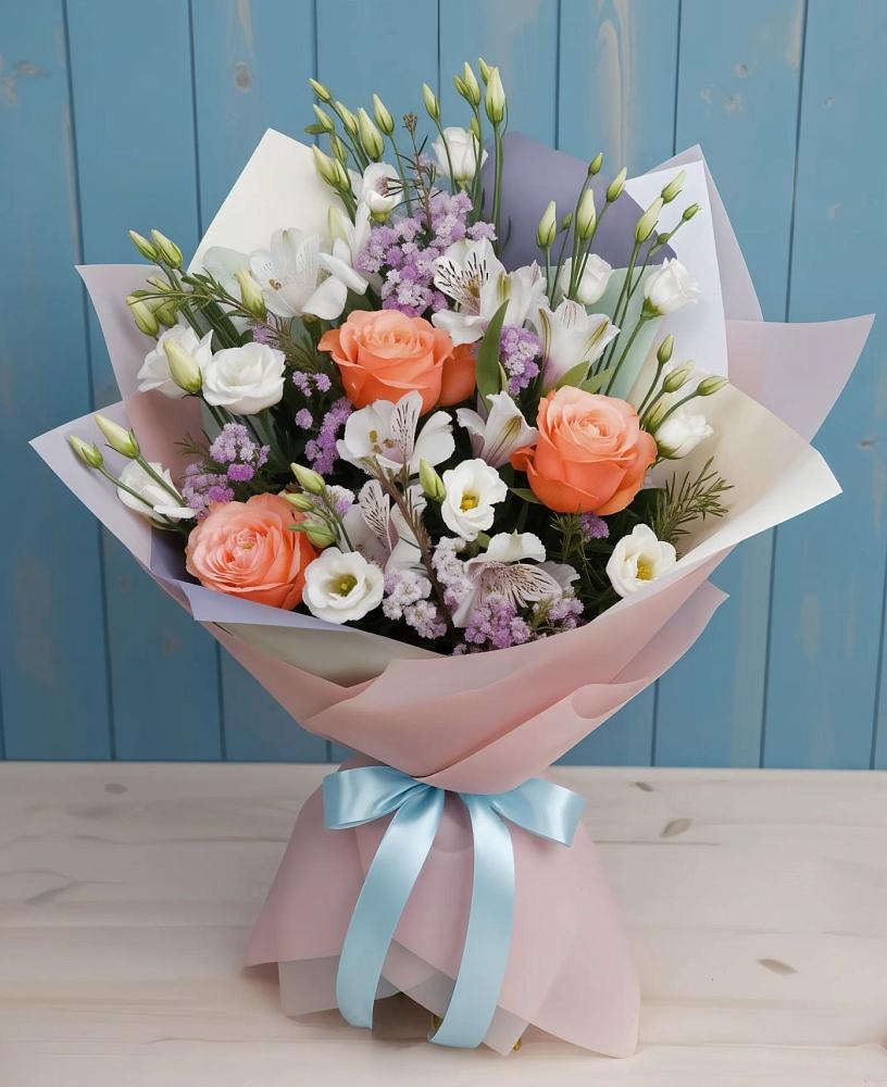 Букет цветов из: Лизиантусы, Розы, Альстромерии и Гипсофила в Суражи